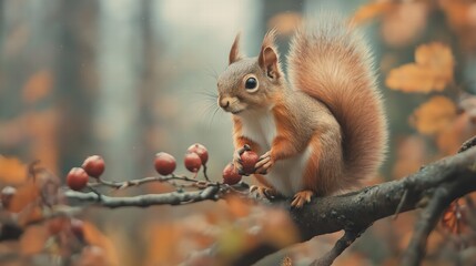 Obraz premium Squirrel Enjoying Berries in Autumn
