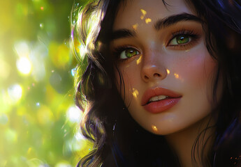 Fototapeta premium A woman with green eyes and a greenish tint to her face. She has a smile on her face and her eyes are open