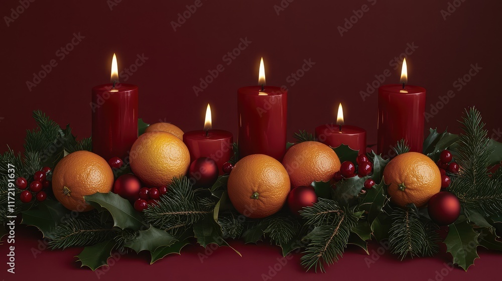 Poster a serene image of red and gold decorations arranged around symbolic oranges on a clean table, leavin