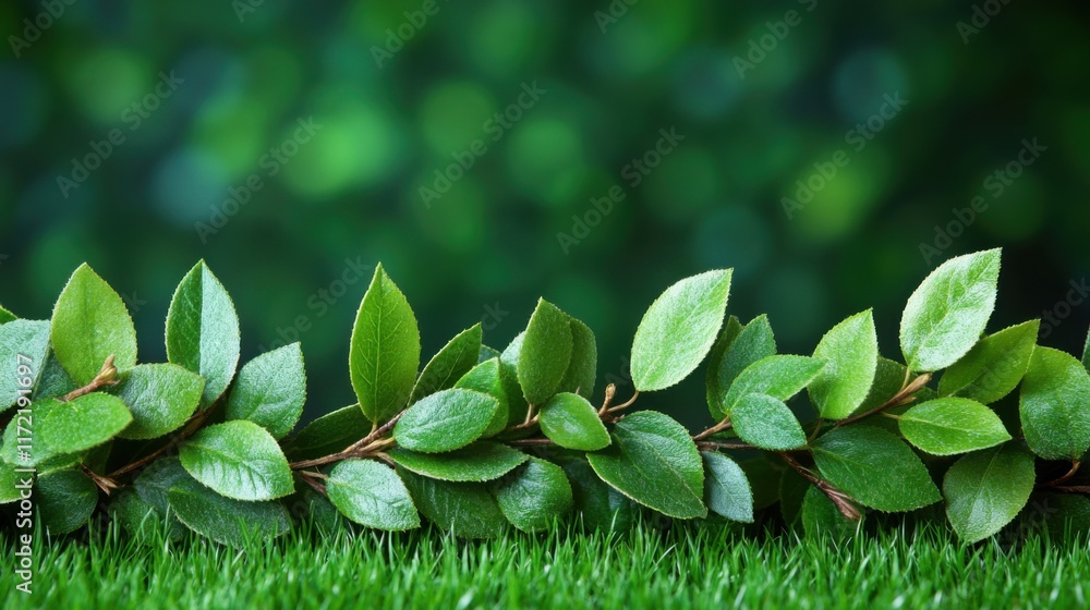 Poster fresh green leaves on vibrant background with natural bokeh effect creating a serene and calming atm