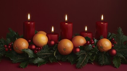 A serene image of red and gold decorations arranged around symbolic oranges on a clean table, leaving ample copy space.
