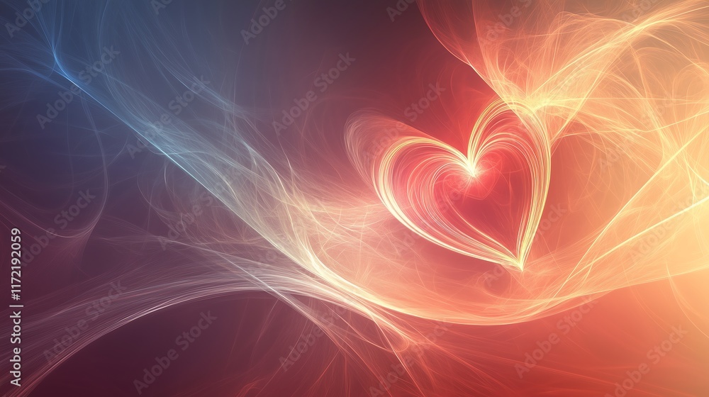 Poster abstract background with glowing heart symbols and flowing lines, symbolizing connection and growth,