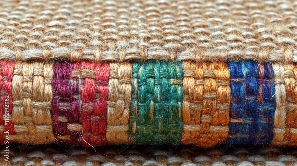 Poster close-up texture of woven fabric with colorful stripes, highlighting intricate patterns in natural f