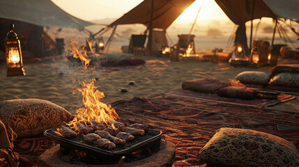Serene Desert Barbecue Experience in the Arabian Peninsula at Sunset