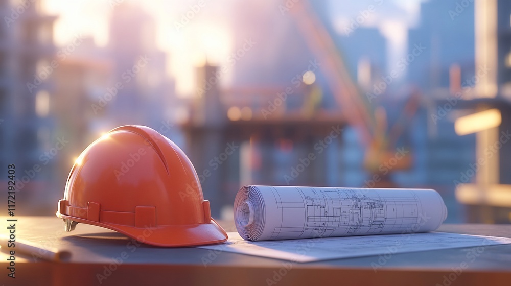 Aufkleber a construction helmet and blueprints on a table at a building site.