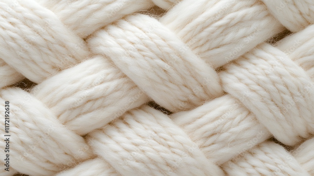 Poster close-up view of soft cream colored braided wool texture, showcasing intricate weaving and natural f