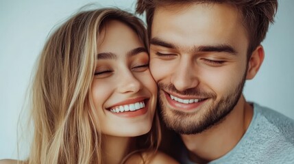 A joyful couple embraces tenderly, their eyes closed, radiating love and warmth on a romantic Valentine's Day.