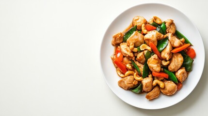 A serving of stir-fried chicken with cashew nuts, elegantly arranged on a clean white plate with copy space.