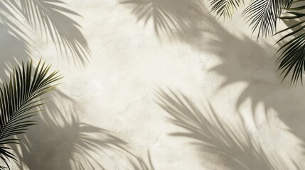 The shadow of palm leaves casts intricate patterns on a white concrete wall, creating a subtle play of light and texture in soft beige tones.