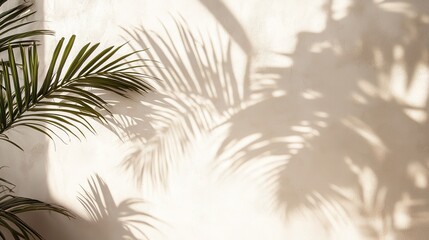 The shadow of palm leaves casts intricate patterns on a white concrete wall, creating a subtle play of light and texture in soft beige tones.