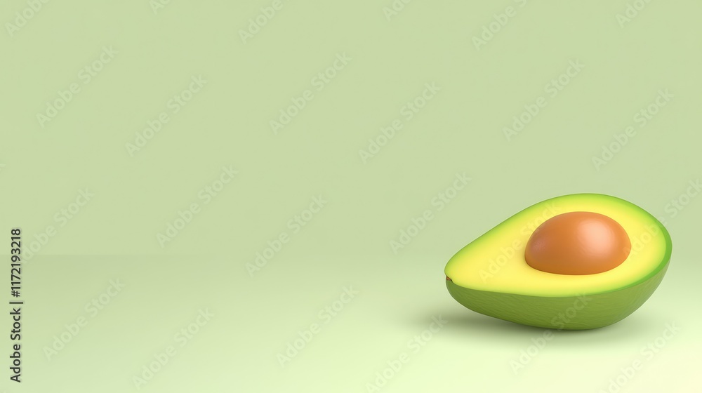 Poster a single avocado sliced in half, placed on a pastel green background with clean negative space.