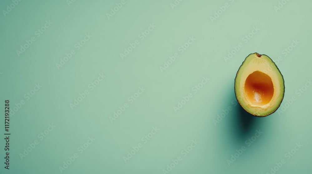 Poster a single avocado sliced in half, placed on a pastel green background with clean negative space.
