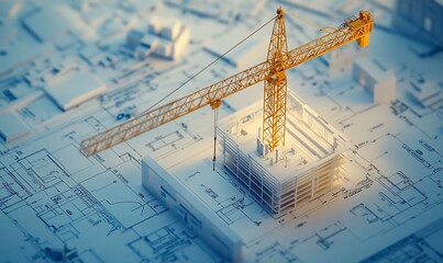 A construction site featuring a crane and architectural blueprints.