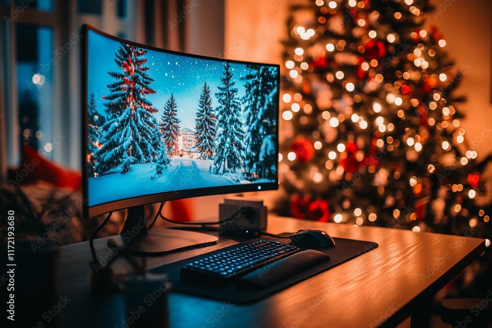 Poster a cozy workspace with a computer displaying a snowy landscape and a christmas tree.