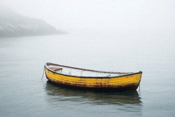 A solitary yellow rowboat floats placidly on a misty sea, near a hazy shoreline.