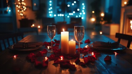 A romantic table adorned with flickering candles and lush roses, creating an enchanting atmosphere perfect for a heartfelt Valentine's Day celebration.