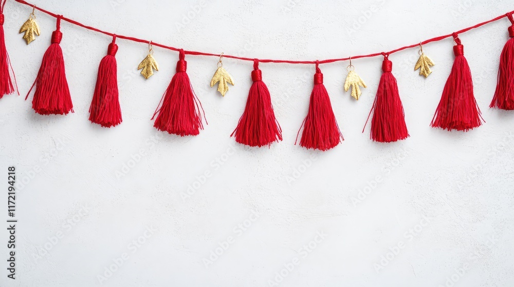 Poster a string of red tassels with golden charms hanging against a white wall, creating a festive atmosphe
