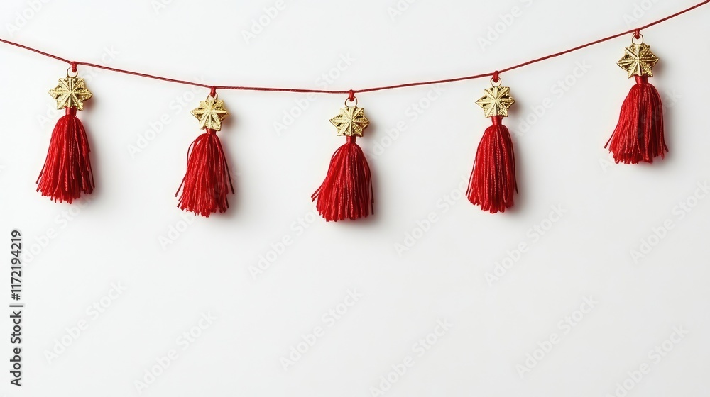 Aufkleber a string of red tassels with golden charms hanging against a white wall, creating a festive atmosphe