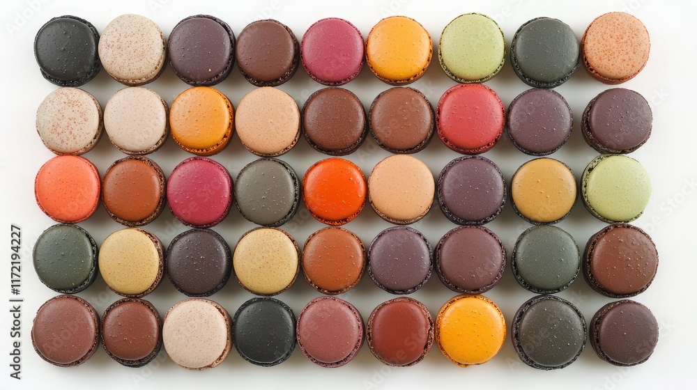 Poster a top-down shot of assorted colorful macarons arranged neatly on a pastel background with copy space