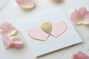 A stylish greeting card featuring overlapping hearts beside soft rose petals.