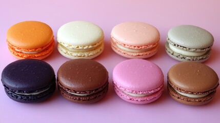 Obraz premium A top-down shot of assorted colorful macarons arranged neatly on a pastel background with copy space.