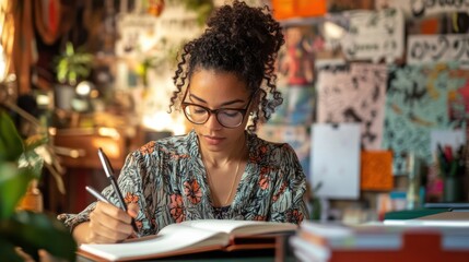 A young professional writing down their goals in a notebook, surrounded by a cozy workspace with motivational quotes and a vision board in the background, reflecting personal growth.