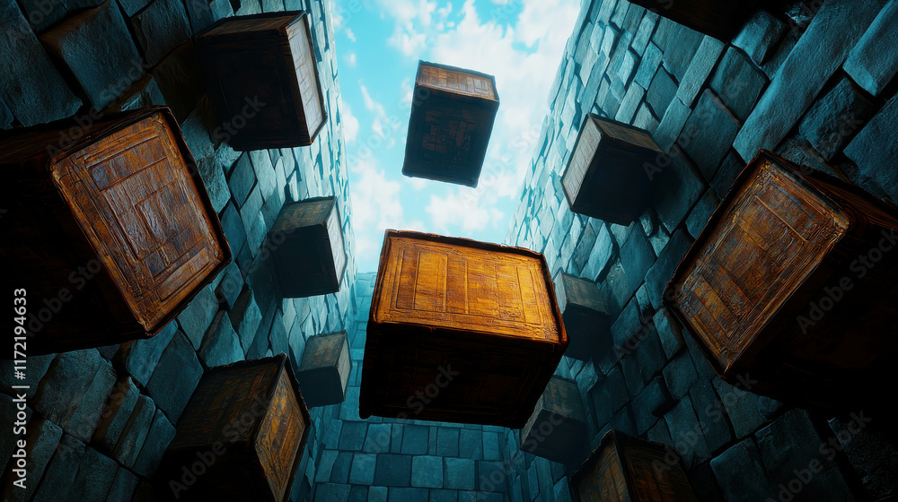 Poster surreal floating library with massive bookshelves in a dreamlike space