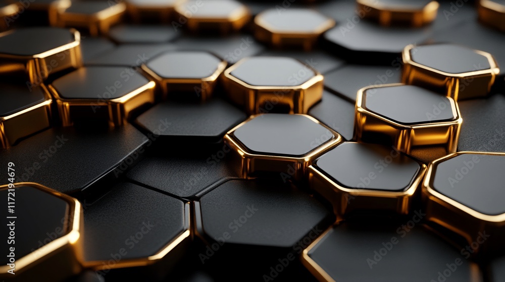 Wall mural abstract 3d rendering of black hexagons with gold edges.