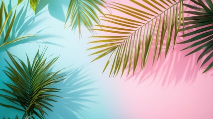 Tropical palm leaves gracefully contrast against a soft pink and blue pastel background, evoking a serene and exotic ambiance.