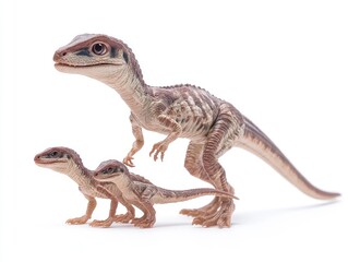 Naklejka premium Three dinosaur figurines, showcasing a larger one and two smaller ones, against a white background.