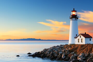 Obraz premium A picturesque lighthouse stands on rocky shores, illuminated by a sunset sky, creating a serene coastal landscape.