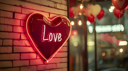 decoration brick wall with a neon sign that says Love in the shape of a heart
