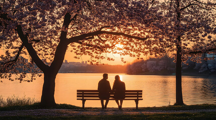 A couple enjoys a romantic sunset by the lake, surrounded by blooming cherry blossoms.