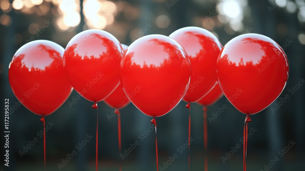 Aufkleber a vibrant cluster of glossy red balloons with a blurred forest background creating a whimsical and c