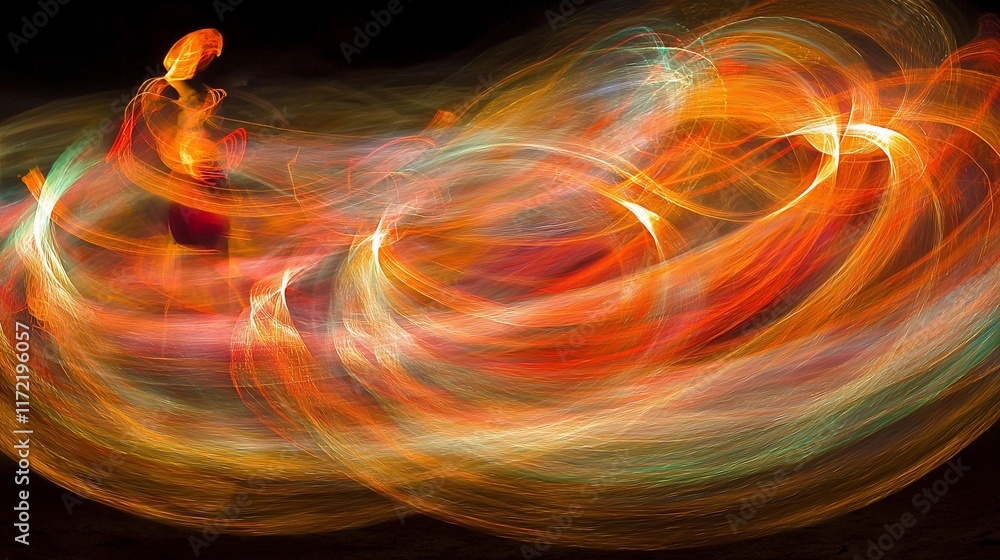 Aufkleber abstract light painting of a dancer in motion, creating swirling, fiery patterns against a dark back