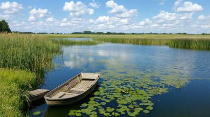 Obraz premium Tranquil Pond in Countryside with Fishing Boat and Lush Surroundings