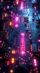 Fototapeta premium Abstract glowing circuit board with neon electric blue, green, and pink lines, creating intricate, interconnected patterns on a dark background, symbolizing technology and digital transformation 