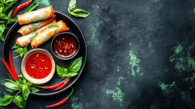 Fresh Spring Rolls, Dipping Sauce, Chili, Basil, Dark Background, Asian Food, Menu