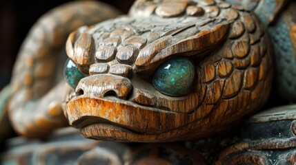 Fototapeta premium Intricate Wooden Snake Carving With Glass Eyes
