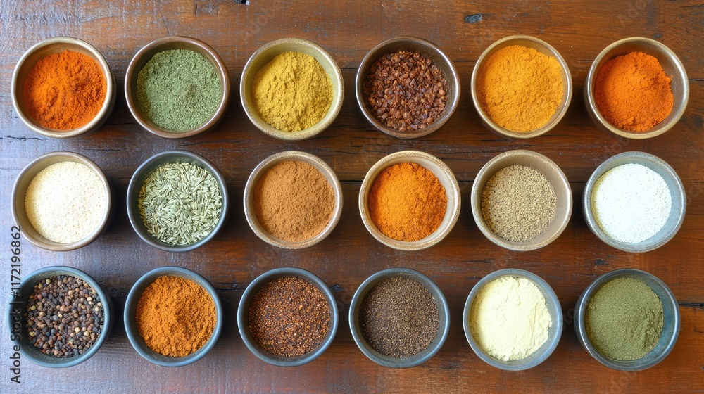 Aufkleber flat-lay of assorted spices in small bowls on a rustic wooden table, with ample copy space.