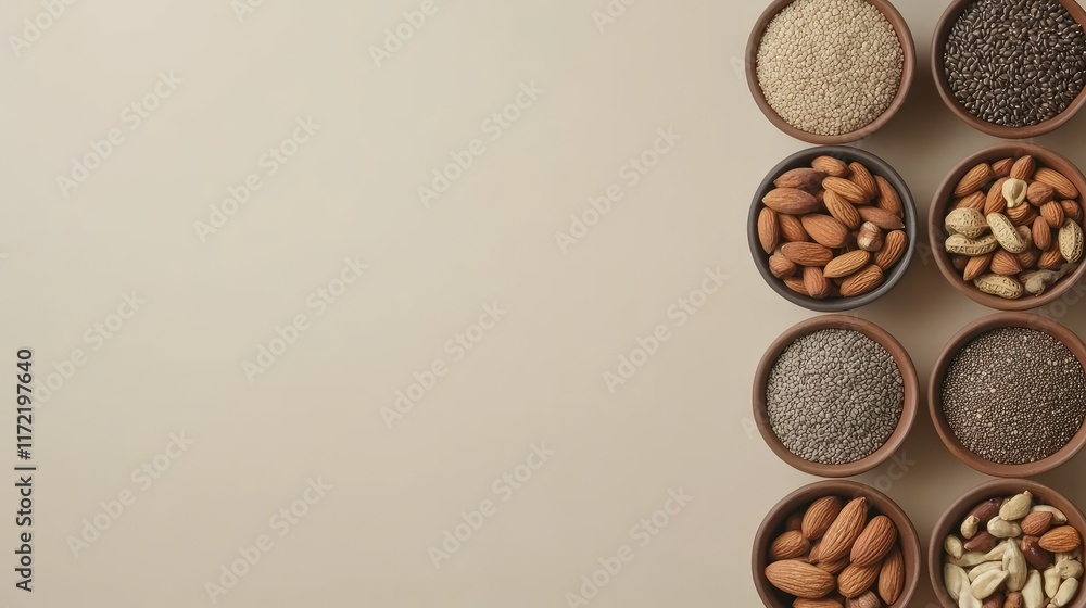 Aufkleber overhead view of assorted nuts and seeds arranged in small bowls on a light background, leaving spac