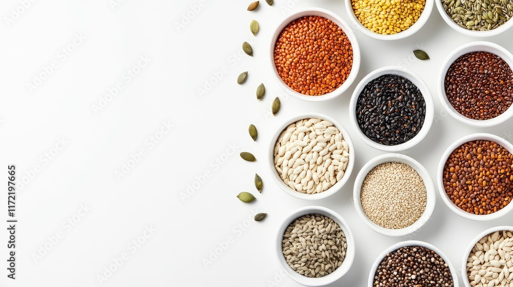 Poster overhead view of assorted nuts and seeds arranged in small bowls on a light background, leaving spac