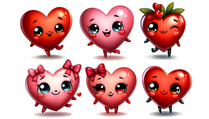 Happy Valentine's Day, Watercolor Clipart of Cute cartoon heart characters, isolated on a white background. Holiday Illustration