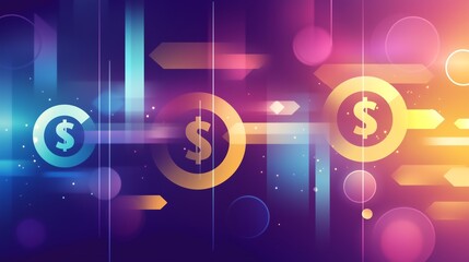 Fototapeta premium Abstract illustration of interconnected circles and arrows, symbolizing financial flow and success with glowing purple, blue, and gold gradients.
