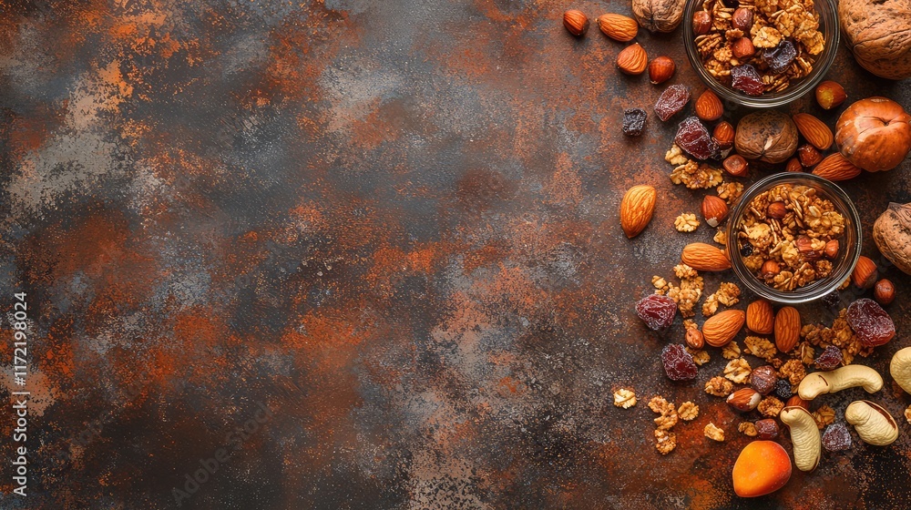 Poster overhead view of a jar of homemade granola surrounded by nuts and dried fruits on a rustic surface w