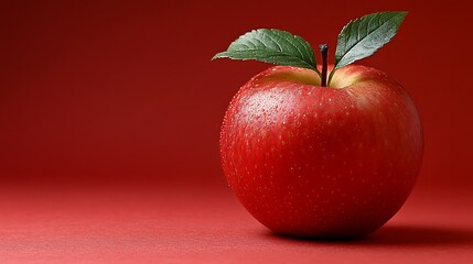 Red apple with leaves on red background; healthy eating concept.