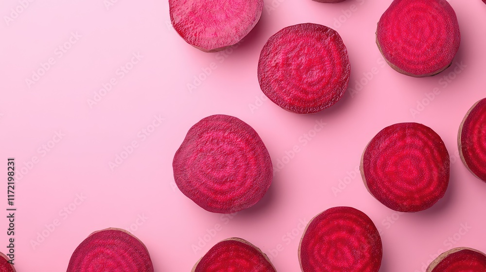 Poster overhead view of fresh beetroot slices on a pastel pink background with ample copy space.
