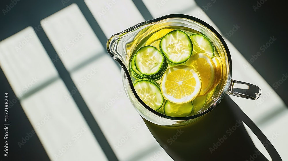 Poster overhead view of detox water with cucumber and lemon slices in a glass pitcher on a clean white tabl