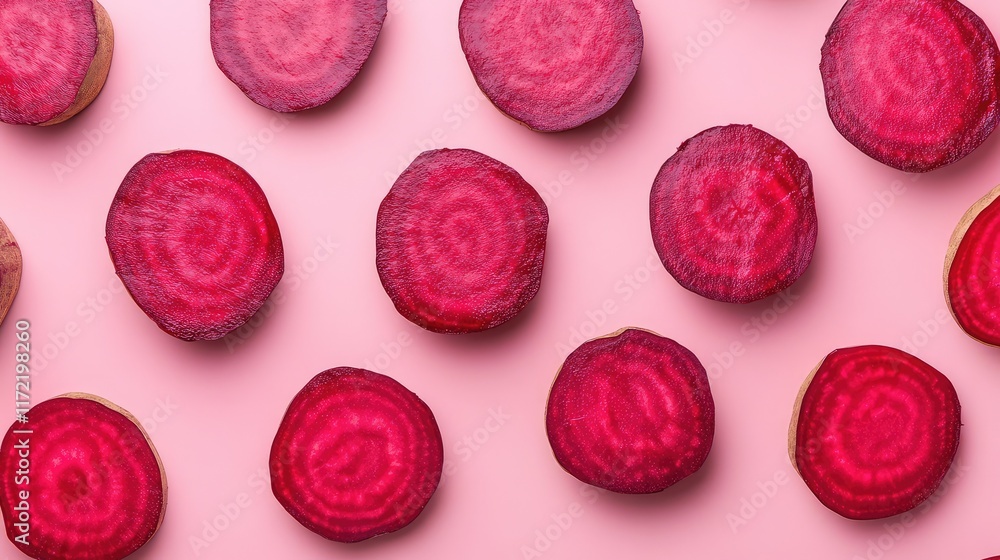 Poster overhead view of fresh beetroot slices on a pastel pink background with ample copy space.