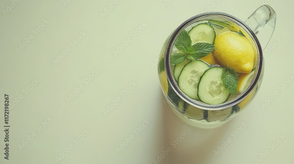 Poster overhead view of detox water with cucumber and lemon slices in a glass pitcher on a clean white tabl